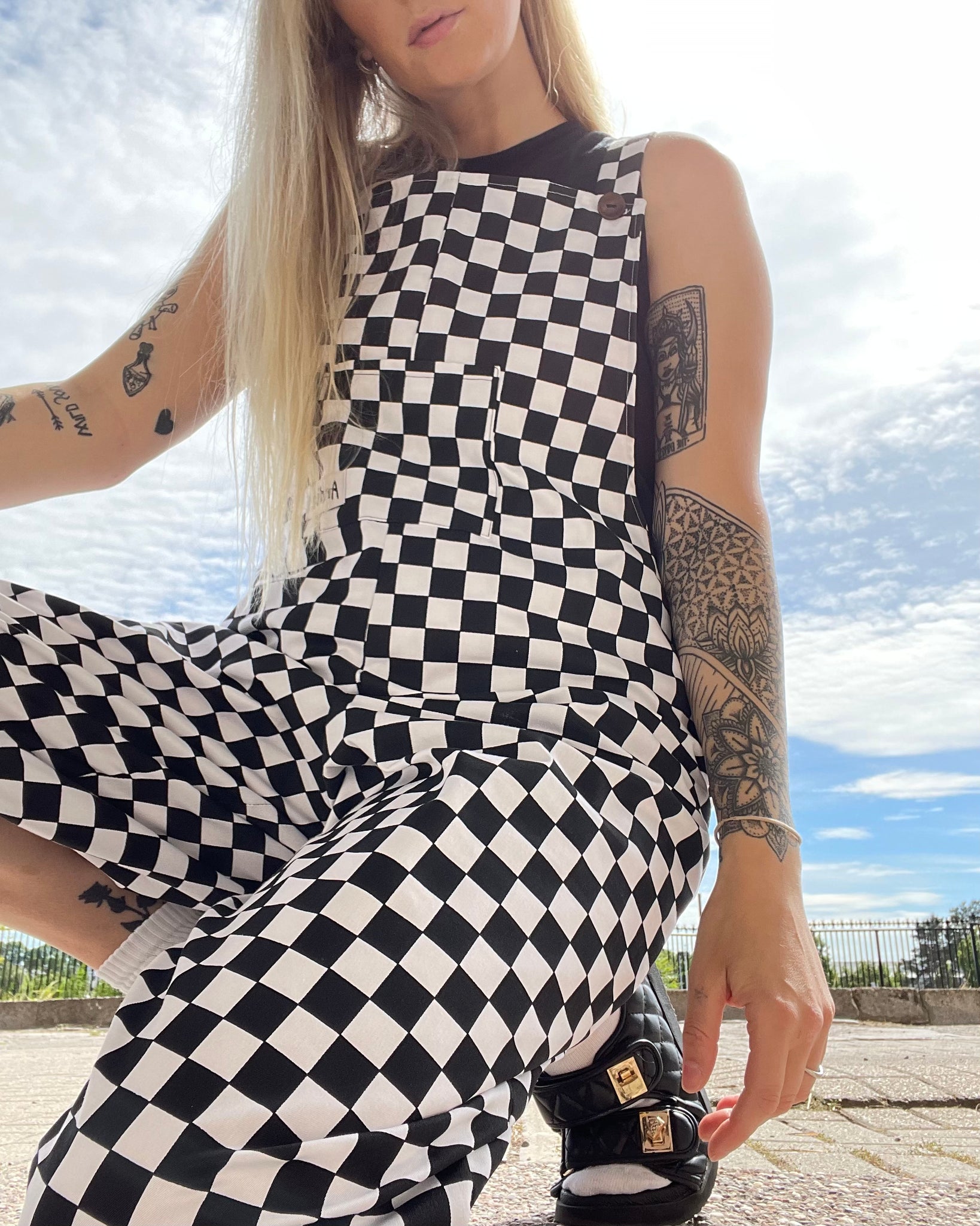 Black Checkered Dungaree Dress